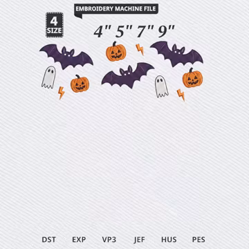 Halloween Embroidery File, Bats Ghosts Pumpkins Lightning Bolts Stitch Design, Halloween Stitch File, Spooky Embroidery Digital Download