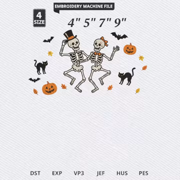 Dancing Skeletons Embroidery File, Halloween Machine Embroidery Design, Black Cats Bats Pumpkins Autumn Leaves Digital Download