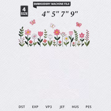 Pink Floral Butterfly Embroidery Design, Flower Border Machine Embroidery File, Spring Botanical Stitch Pattern