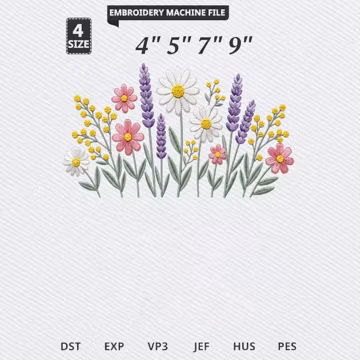 Vibrant Flower Embroidery Design, Pink Blossoms Daisy Lavender Mimosa, Floral Machine Embroidery File Download