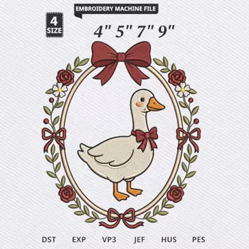 Silly Goose Bow Tie Floral Wreath Embroidery Design, Rose Flower Stitch File, Silly Goose Embroidery Digital Download, Floral Stitch Design
