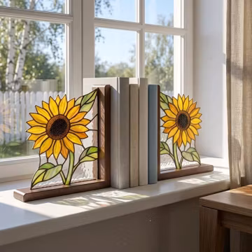 Sunflower Glass Bookends, Floral Book Ends for Bookshelf Decor, Home Library, Book Lover Gift