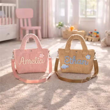 Personalized Toddler Purse with Cute Charm Custom Name Corduroy Kids Crossbody Bag/Handmade Yarn Letters/Birthday Gift Preschool Daycare Bag