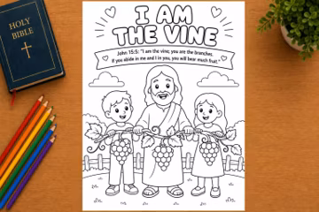 I Am the Vine John 15:5 Coloring Page for Kids, Jesus and the Branches Worksheet, Catholic CCD, Sunday School, Homeschool Printable Activity