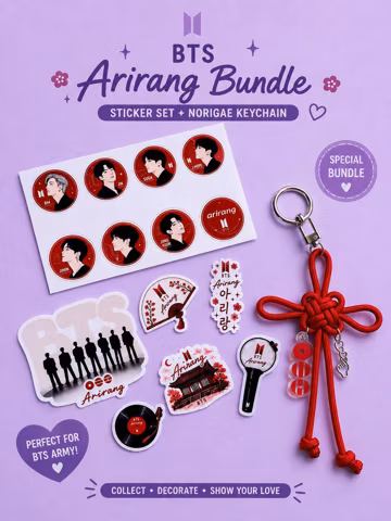 Arirang 8-piece Fan Bundle, Handmade Knot Keychain, Mini Vinyl Waterproof deco Stickers