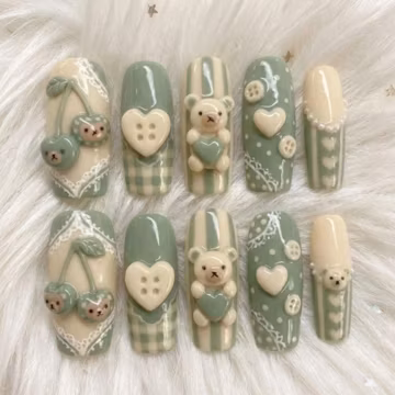 Summer Cottagecore Press On Nails Gingham Nails Kawaii Nails Bear Nails Green Nails Vacation Nails Cute 3D Handmade Nails