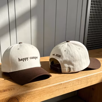 Custom Embroidered Camping Hat, Personalized Group Trip Two Tone Cap, Happy Camper Gift
