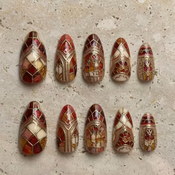 Autumn Gothic Stained Glass Press On Nails Vintage Cathedral Nails Fake Nails Handmade 3D Gold Line Nails Dark Academia Royal Red Nails