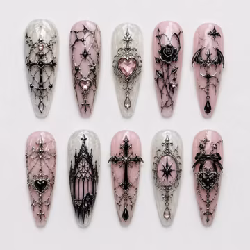 Pink Gothic Press On Nails, Coquette Goth Fake Nails, Cross Heart Charm Nail Art, Handmade Reusable Luxury Nails
