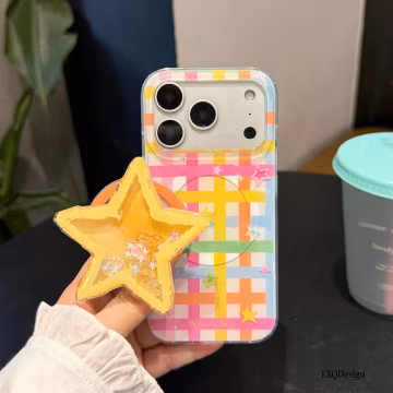 Rainbow Plaid Star Shaker MagSafe iPhone Case,Yellow Star Liquid Confetti Pop Socket Stand,Pastel cover for iPhone 17/16/15/14/13 Pro Max