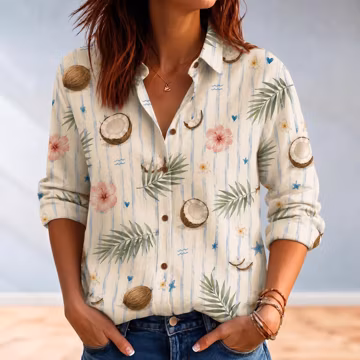 Tropical Coconut Linen shirt , Floral Hawaiian Blouse, Ocean Wave Beach Wear
