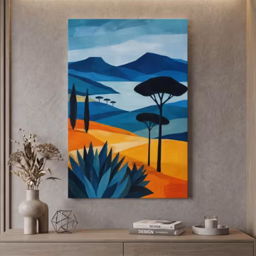 Mediterranean Landscape Wall Art, Blue Orange Coastal Canvas Print, Italian Countryside Decor, Modern Abstract Tuscany Art Print