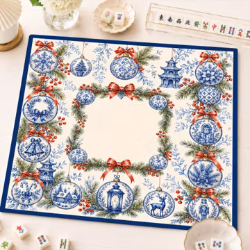 Blue White Christmas Ornament Neoprene Mahjong Mat, Chinoiserie Holiday Tree Game Mat, Elegant Mahjong Gift, Non-Slip Table Cover