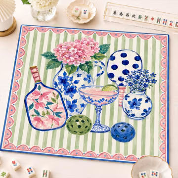 Pink Green Pickleball Neoprene Mahjong Mat, Hydrangea Cocktail Game Mat, Non-Slip Table Protect Cover, SHIPS ROLLED