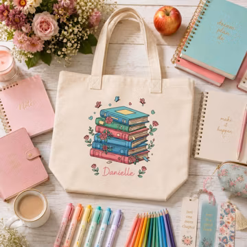 Personalized Book Lover Tote Bag, Custom Book Stack Canvas Tote, Reader Gift, Bookish Zipper Tote, Library Bag