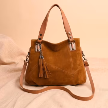 Camel Suede Shoulder Bag, Boho Leather Tote with Tassel Charm, Genuine Suede Handbag, Detachable Crossbody Strap, Gift for Her