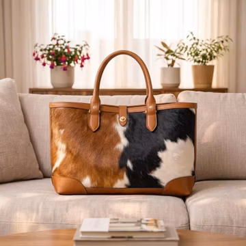 Tricolor Cowhide Tote Bag, Genuine Hair on Hide Western Purse, Leather Trim Handbag, Cowgirl Style Shoulder Bag, Gift for Her