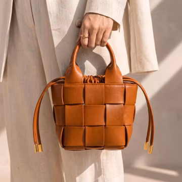 Woven Leather Basket Bag, Cognac Handwoven Tote, Top Handle Crossbody Purse, Gold Hardware Handbag, Designer Style Gift