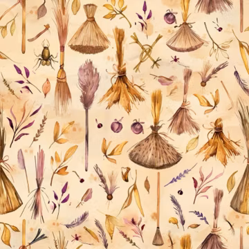Witch Broom Fabric Dried Herb Fabric Witchcraft Fabric Straw Broom Fabric Feather Fabric Autumn Fabric 100% Cotton Fabric By The Half Yard