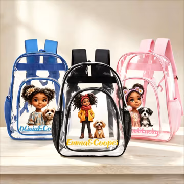 Custom Black Girls And Dog Clear Backpack, Personalized Name School Bag, PVC Waterproof Bookbag
