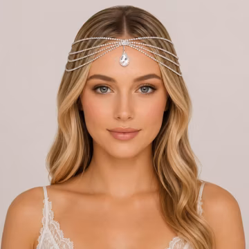 Silver Rhinestone Head Chain, Teardrop Forehead Jewelry, Bridal Hair Accessory