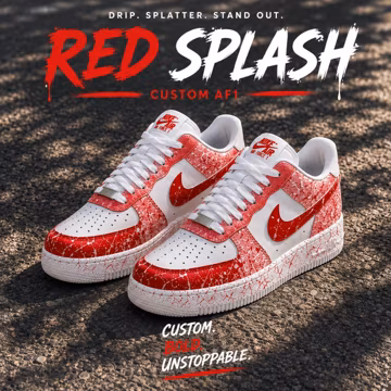 Red Splash Custom Af1 Sneaker, Hand Painted AF1 Sneakers, Red Paint Splatter Shoes, Custom White Red Sneakers