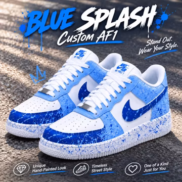Blue Splash Custom Af 1, Hand Painted AF1 Sneakers, Blue Paint Splatter Shoes, Custom White Blue Sneakers