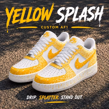 Yellow Splash Custom Af 1, Hand Painted AF1 Sneakers, Yellow Paint Splatter Shoes, Custom White Yellow Sneakers