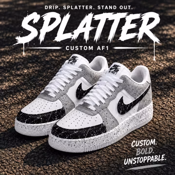 Gray And Black Splash Custom Af 1, Hand Painted AF1 Sneakers, Gray And Black Paint Splatter Shoes, Custom Gray Black Sneakers
