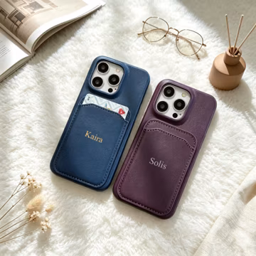 Custom Name Leather Card Holder iPhone Case, Slim Wallet Style Protective Phone Cover with Card Slot