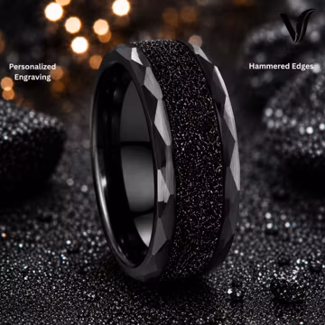 Black Sand Tungsten Carbide Ring, Hammered or Beveled Edge Wedding Band, Shiny Black Sand Inlay Band, 6mm 8mm Custom Engraved Ring