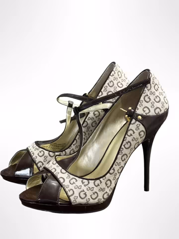 Vintage Guess Monogram T-Strap Heels – Y2K Peep Toe Stilettos (US 9)