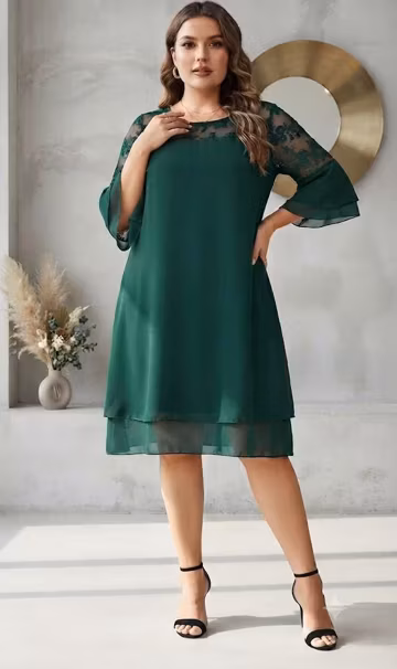 Plus Size Elegant Chiffon Midi Dress | Embroidered Mesh Patchwork Party Dress | Flared Sleeve Wedding Guest Outfit For Women