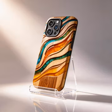 Carved Wood Wave Phone Case, Teal Amber Resin Inlay, Marquetry Cover, MagSafe Tough Case