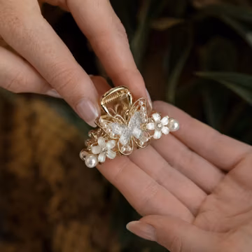 Small Butterfly Hair Claw, Gold Pearl Hair Clip, Mini Flower Claw Clip, Rhinestone Hair Accessory, French Style Bridal Hair Clip