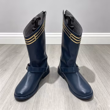 Custom Navy Blue Mid‑Calf Cosplay Boots with Gold Trim, Flat Anime Costume Footwear