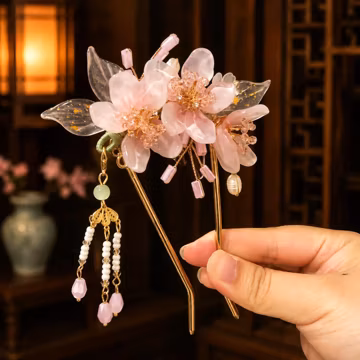 Pink Blossom Hair Pin,Pink Floral Hair Fork, Pearl Blossom Chinese Hanfu Hairpin, Romantic Bridal Wedding Hair Accessory,