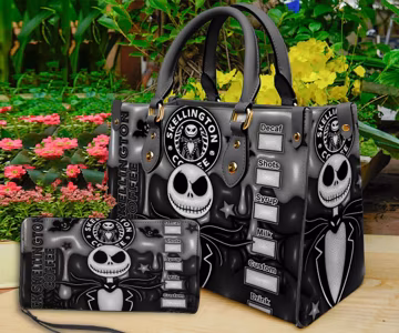 Personalized Jack and Sally Nightmare Before Christmas Leather Handbag, Skellington Handbag, Skellington Wallet, Custom Bag, Halloween Gift