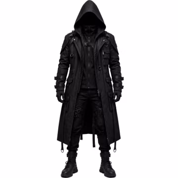 Men’s Gothic Hooded Trench Coat Cyberpunk Techwear Dark Streetwear Overcoat Halloween Gothic Fashion