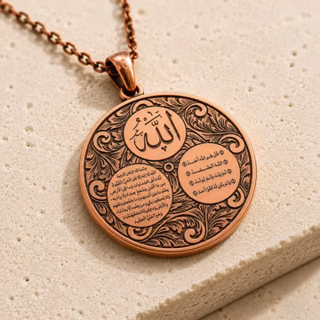 Pure Copper Ayatul Kursi Surah Ikhlas Medallion Pendant, Islamic Calligraphy Necklace