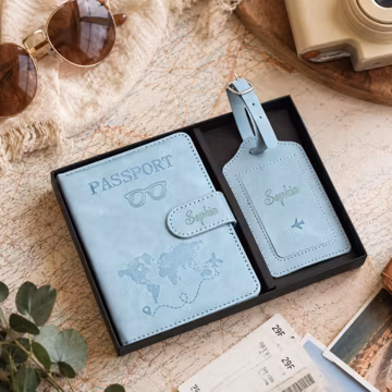 Personalized Passport Cover With Luggage Tag, Engraved Name Passport Holder, Honeymoon Gift, Travel Gift for Her/Him, Vacation Accessory