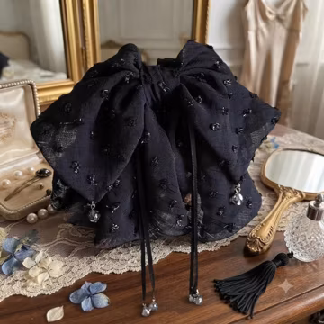 Black Bow Ponytail Hair Clip, Elegant Lace Ribbon Hair Accessory, Romantic Vintage Hair Barrette, Feminine French Style Hair Clip for Women