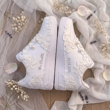 Bridal Wedding Sneakers with Lace Pearl , Ivory Shoes for Bride, Custom Name Personalized Trainers