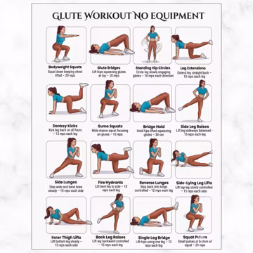 Glute Workout No Equipment Printable PDF, Glutes Exercise Chart, Lower Body Home Workout Poster For Legs And Glutes