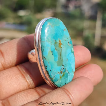 Kingman Arizona Turquoise Full Finger Ring, Sterling Silver Big Oval Gemstone, Boho Statement Jewelry, Christmas Lover Gift Jewelry