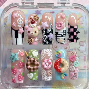 Kawaii Bear Press On Nails, Cute 3D Music Note Fake Nails, Pastel Donut Sweets False Nails, Custom Gyaru Handpainted Button Checkered Nails