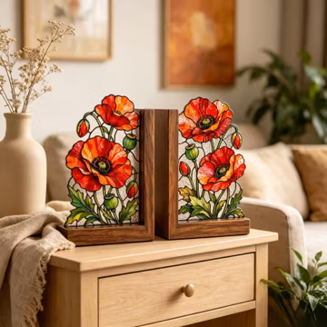 Red Poppy Flower Stained Glass Bookend Set|Wood Base Floral Book Holder|Wildflower Library Shelf Decor|Book Lover Gift