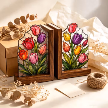 Colorful Tulip Flower Bookends, Stained Glass Floral Decor, Unique Bookshelf Accent, Mother’s Day Gift Idea