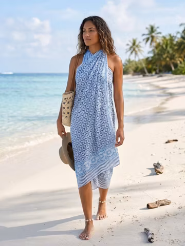 Blue Geometric Indian Women Cotton Block Print Sarong – Natural Cotton Beach Wrap | Boho Style Pareo | Summer Beachwear Summer Wear Scarfs