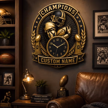 Personalized Football Wall Clock, Custom Name Champion Decor, Football Player Gift, Sports Room Clock, Flat 2D Wall Art for Fans and Coaches